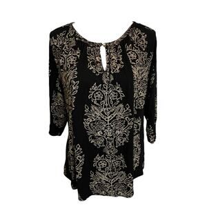 Lucky Brand Peasant Blouse Size 1X Plus Black Beige Keyhole Boho Top Shirt